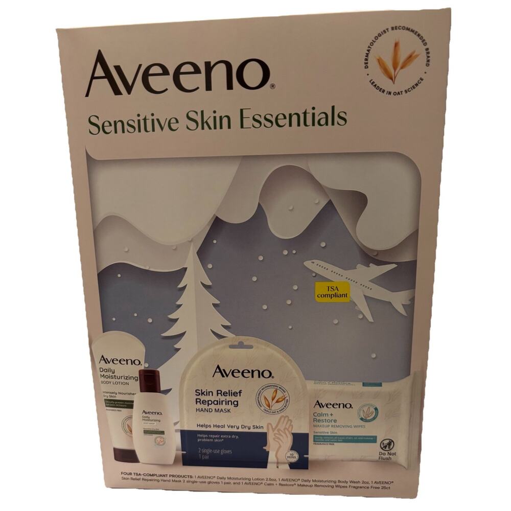 Aveeno 4Pc Sensitive Skin Essentials Kit Lotion/Hand Mask/Wipes/BodyWash-2oz Ea